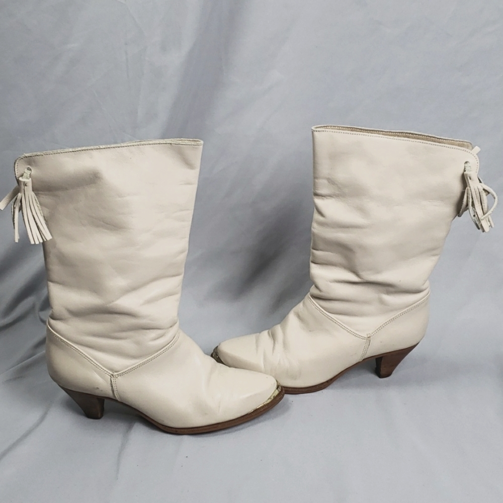 Vtg. Dingo Cowgirl Boots Leather Cream Color - Picture 2 of 10